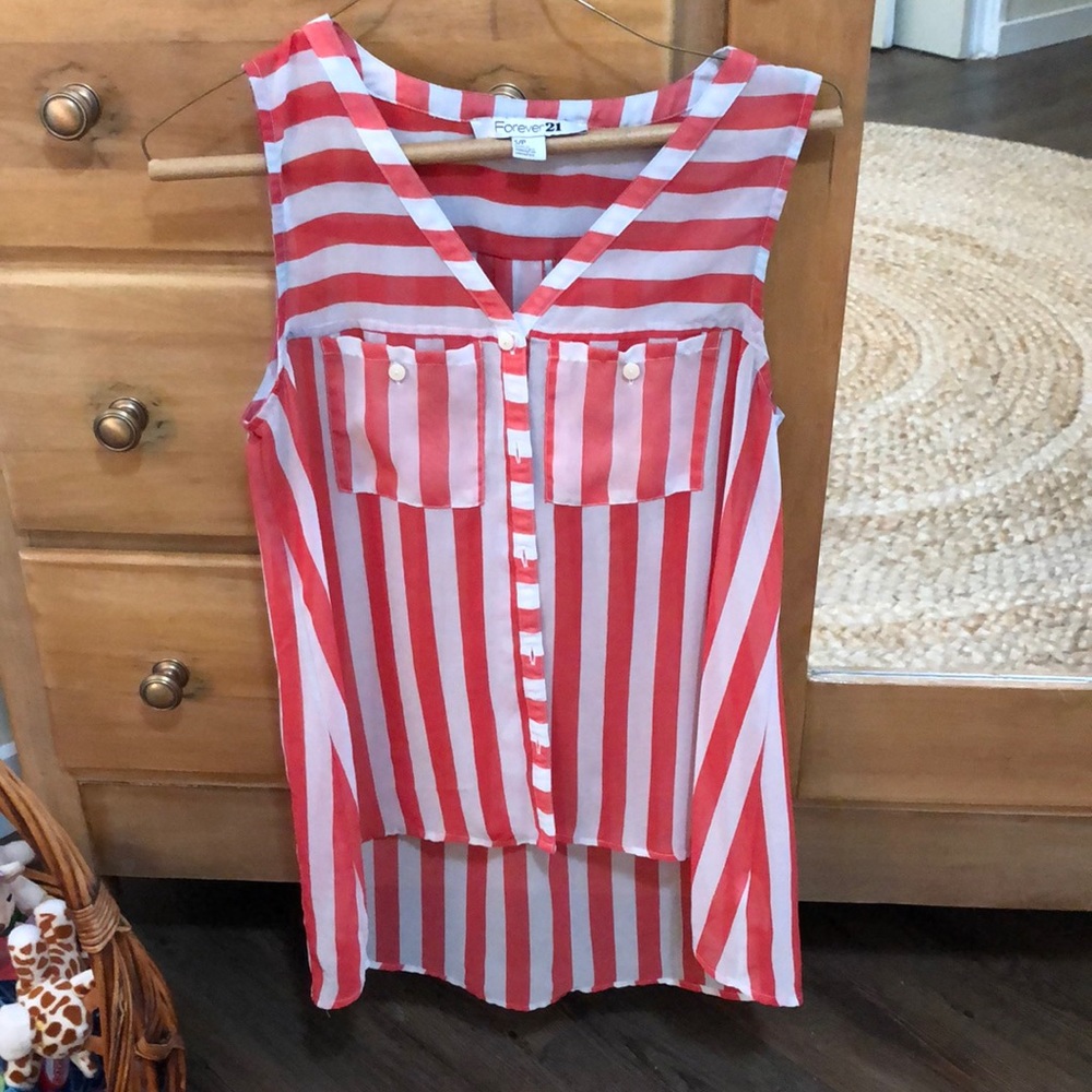 Red and white stripe sleeveless button down